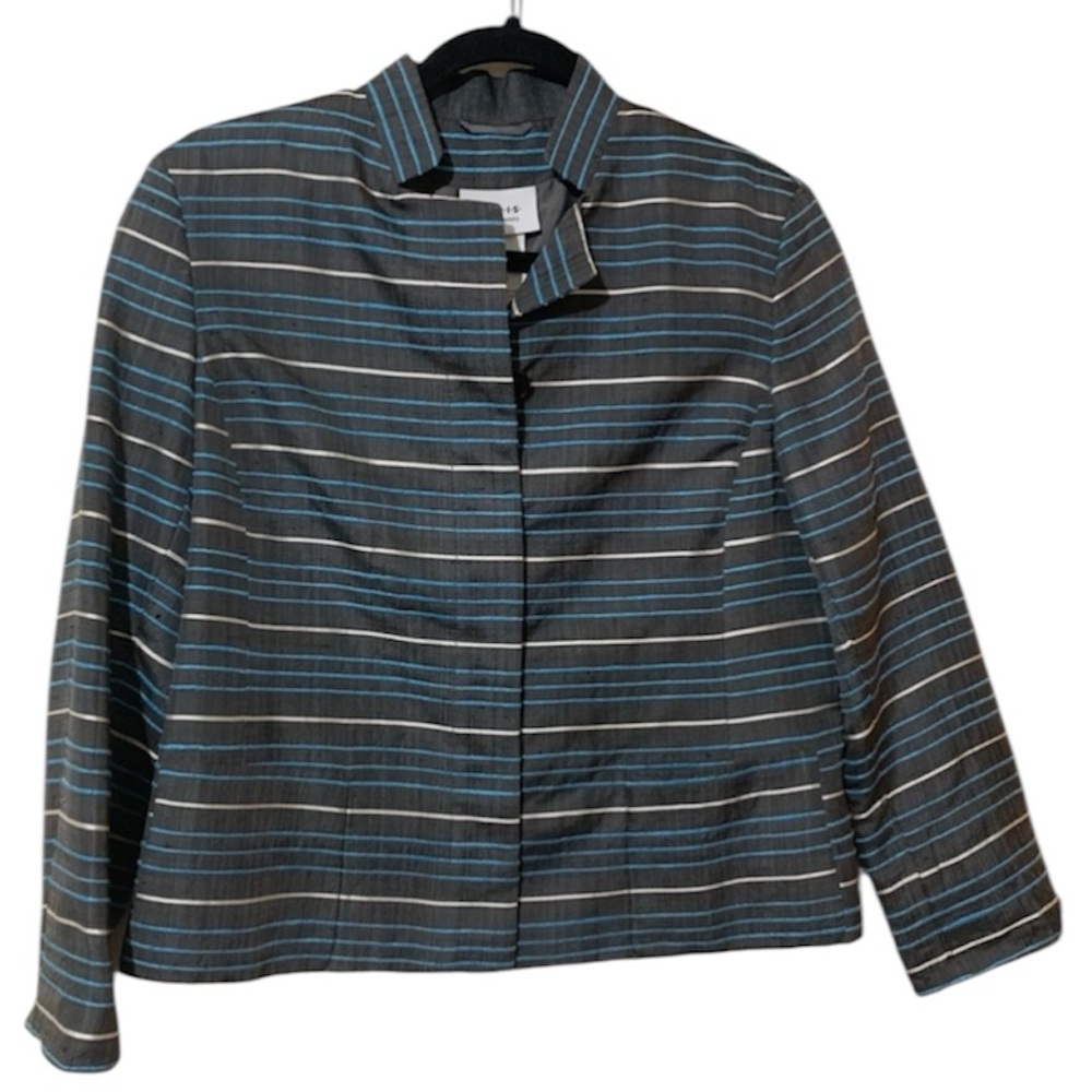 Akris Punto 100% Silk Striped Gray and Blue Button Closure Jacket